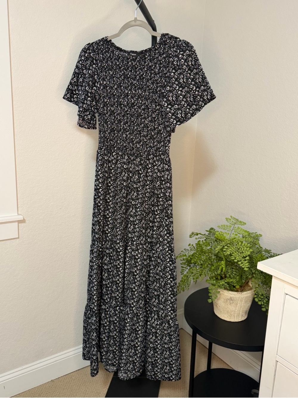 Black Floral Smocked Maxi Dress with Short Flutter Sleeves